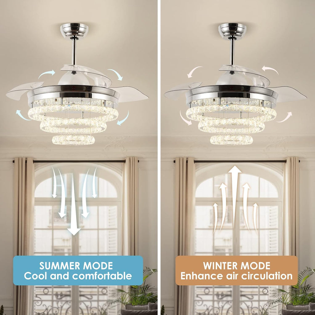 42' Dimmable Fandeliers Modern Crystal Invisible Chandelier Ceiling Fan With 3 LED Color Change Lights with Memory Function