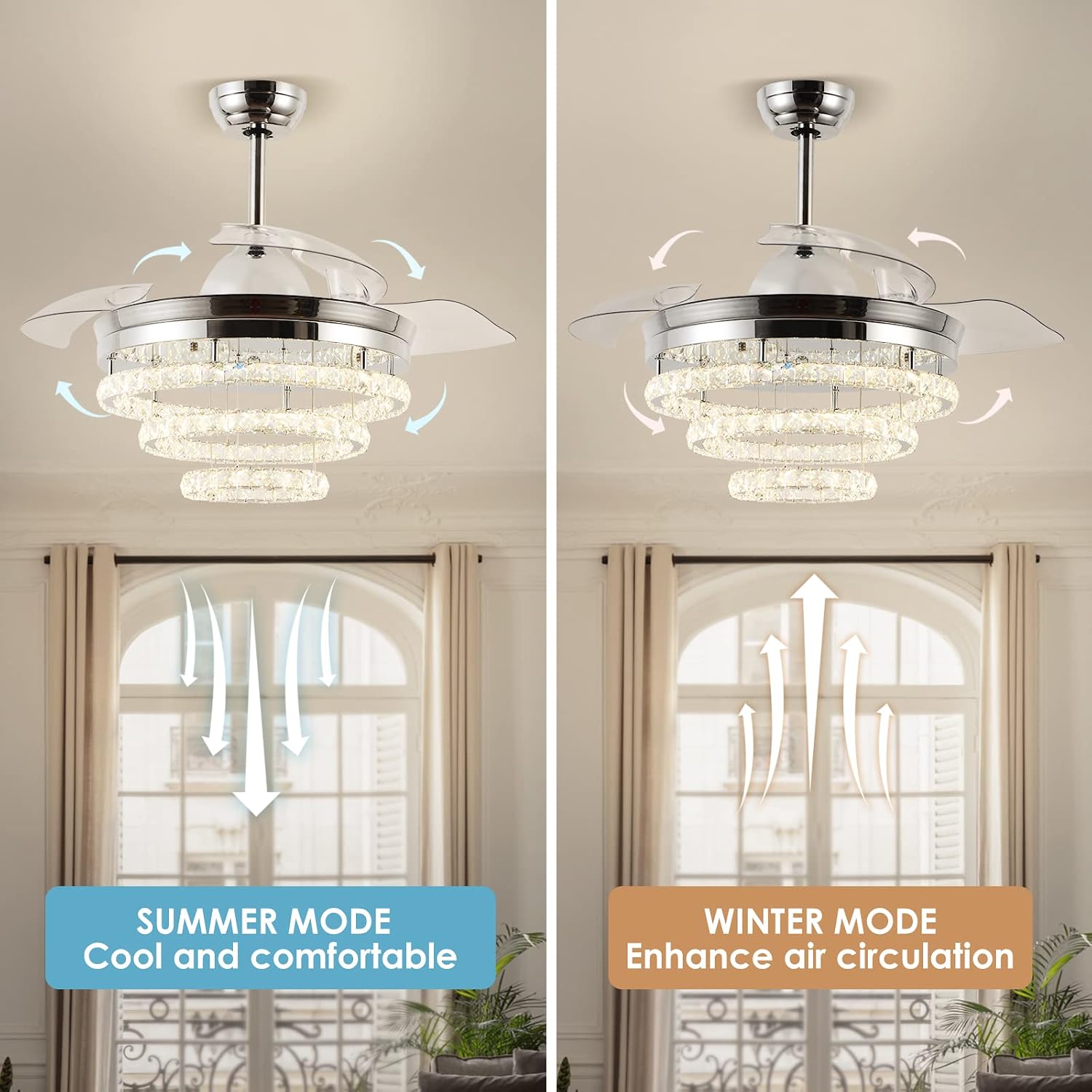 42' Dimmable Fandeliers Modern Crystal Invisible Chandelier Ceiling Fan With 3 LED Color Change Lights with Memory Function