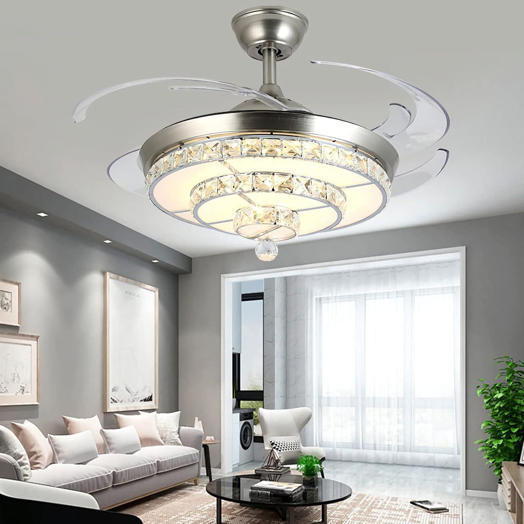 Modern 42'' Crystal Chandelier Ceiling Fan with LED Light Kit and Remote Invisible Ceiling Fan Light Retractable 3 Color Changing LED Fandelier for Living Room Bedroom