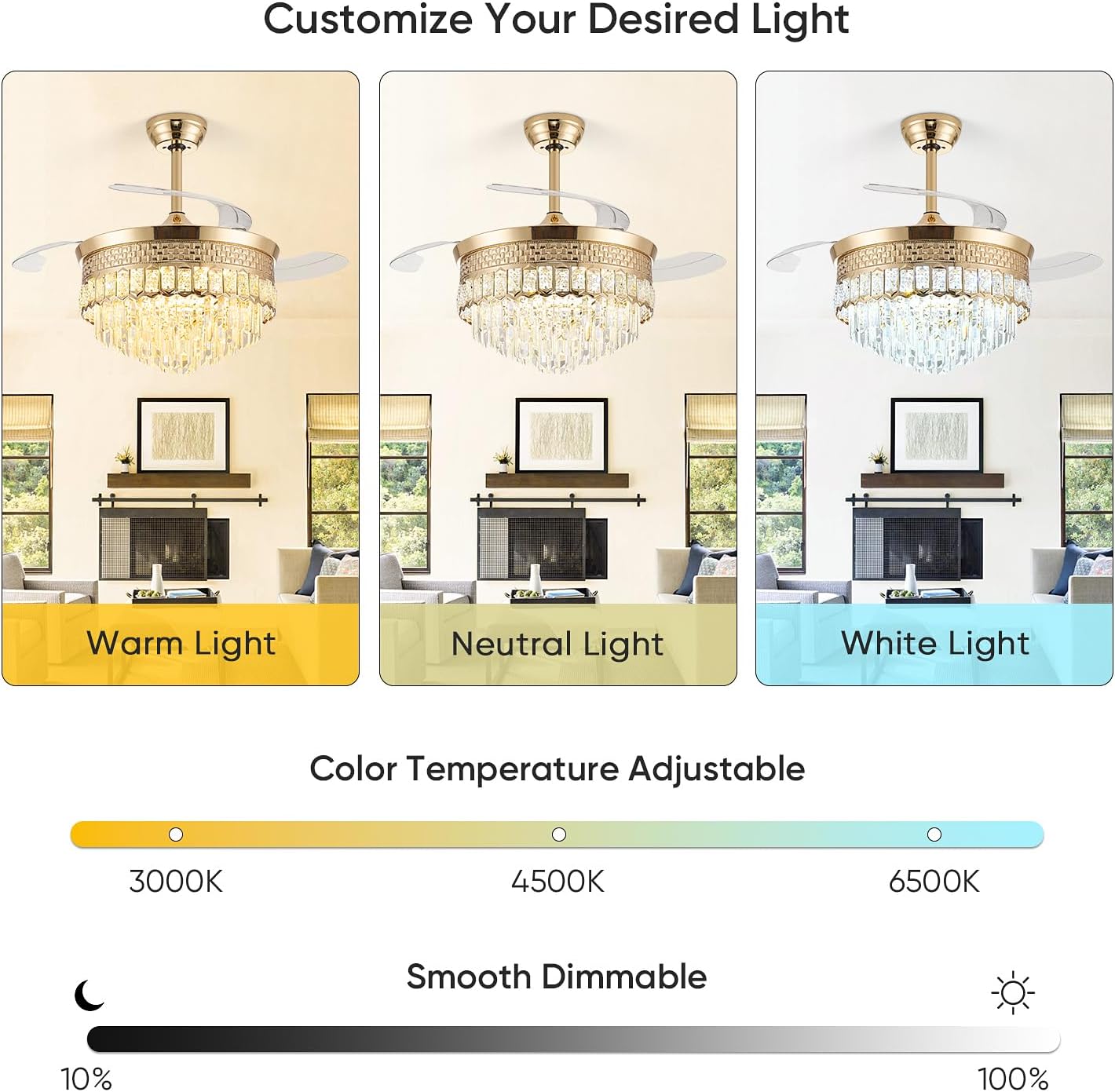 42' Chandelier Ceiling Fan with Lights,Crystal Fandelier Ceiling Fan with Retractable Blades,Chandelier Fans for Bedroom Living Room,6 Speeds,3 Color Temperatures,Remote & APP Control-Gold