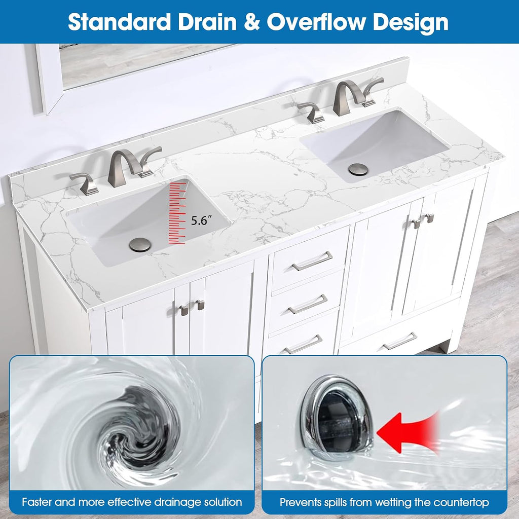60 Inch Engineered Stone Bathroom Vanity Sink Top, with Undermount Rectangular Double Sinks, Vanity Countertop with 8 inch Faucet Hole Spacing and Backsplash in Lightning White