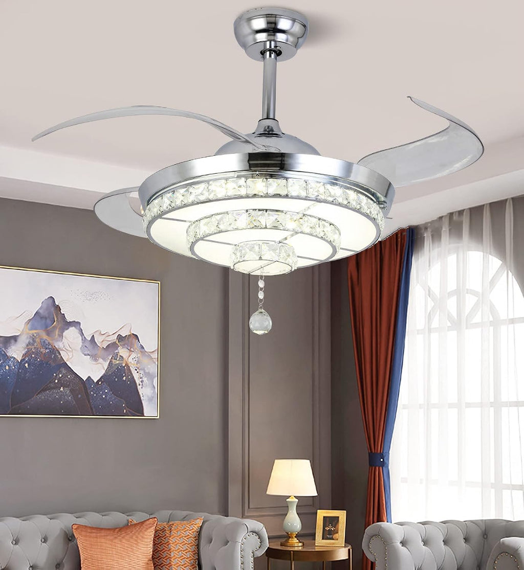 RuiWing 42' Crystal Ceiling Fan with LED Light and Remote Control Retractable Fandelier 3 Colors 3 Speeds with Silent Motor Luxury Fandelier for Bedroom Indoor Living Dining Room