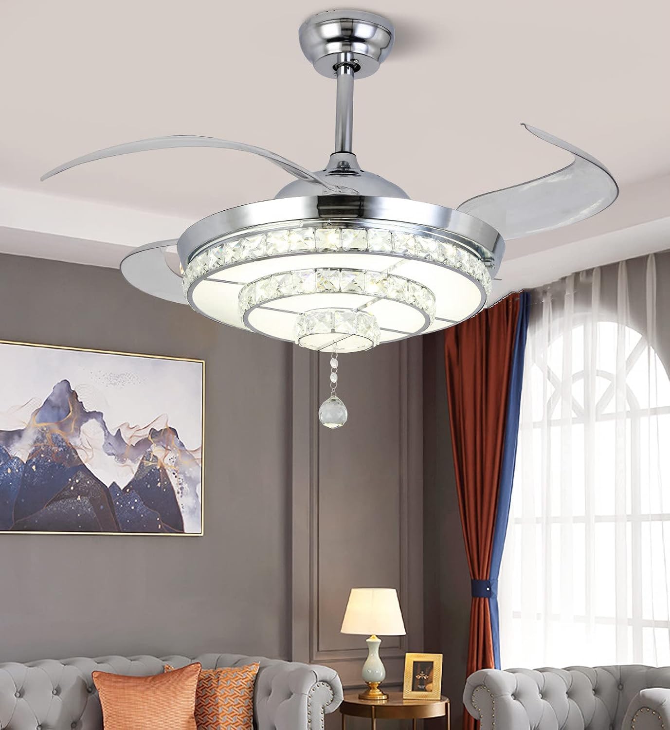 RuiWing 42' Crystal Ceiling Fan with LED Light and Remote Control Retractable Fandelier 3 Colors 3 Speeds with Silent Motor Luxury Fandelier for Bedroom Indoor Living Dining Room
