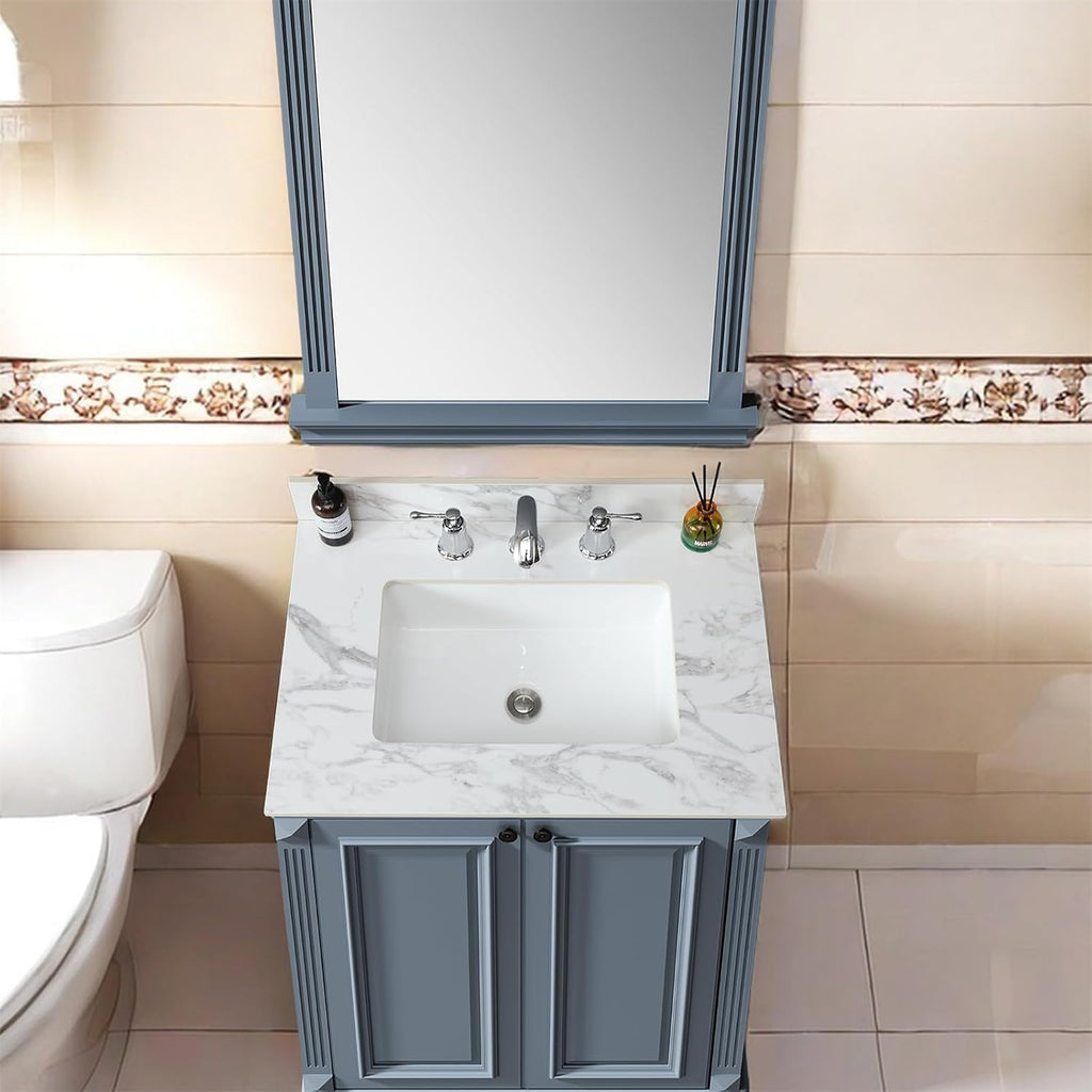Montary 31'x 22' Bathroom Vanity Top with Undermounted Large Ceramic Sink & Backsplash, Sintered Stone Artificial Marble Vanity Sink Tops with 3 Pre-Drilled Hole, Carrara White