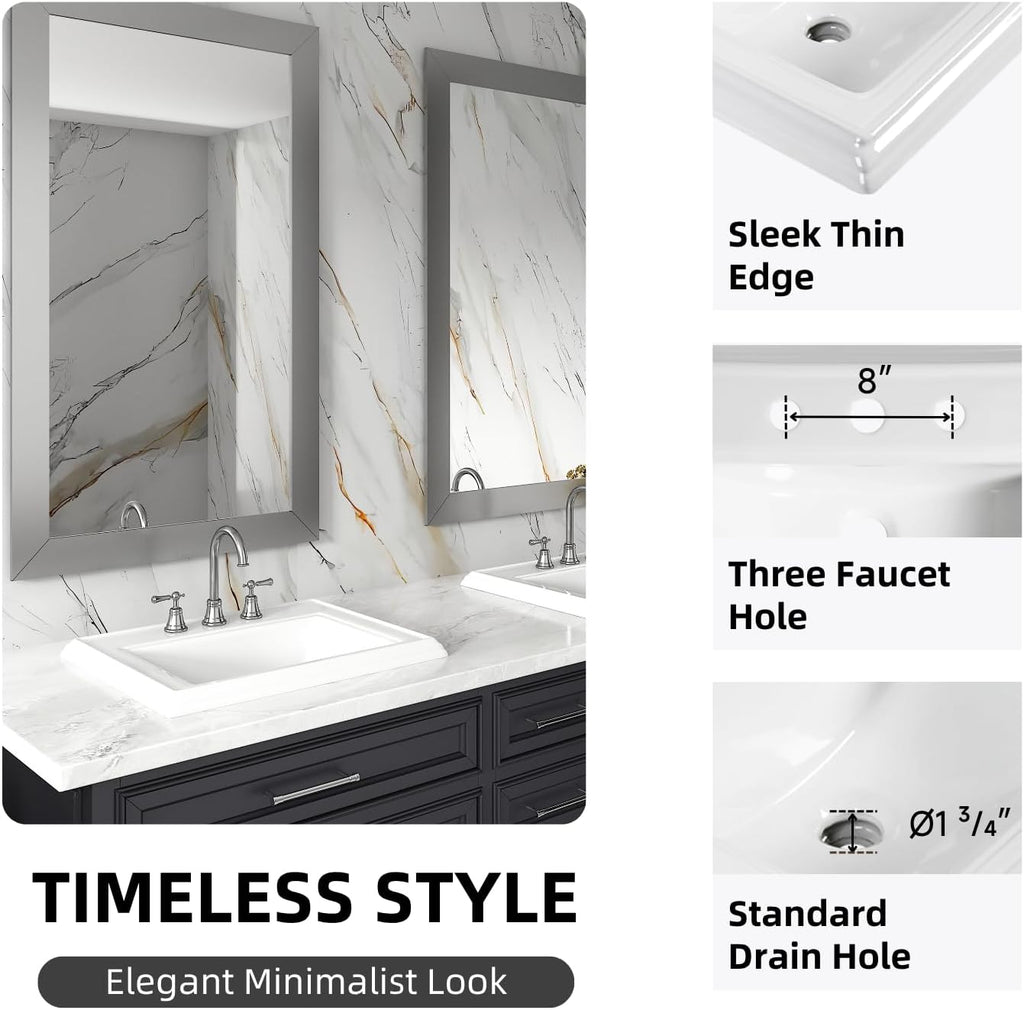 23'W x 18'D Drop In Bathroom Sink Rectangle With 3 Holes for 8' Widespread Faucet, Los Flexi 23 Inch White Ceramic Vanity Top with Front Overflow, Vintage Top Mount Sink for Bathroom Countertops