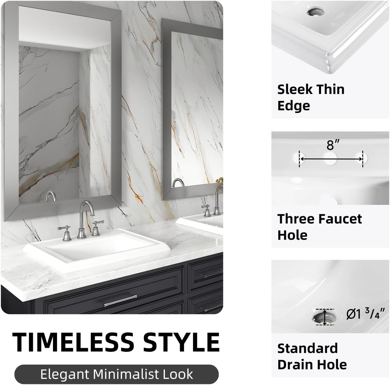23'W x 18'D Drop In Bathroom Sink Rectangle With 3 Holes for 8' Widespread Faucet, Los Flexi 23 Inch White Ceramic Vanity Top with Front Overflow, Vintage Top Mount Sink for Bathroom Countertops
