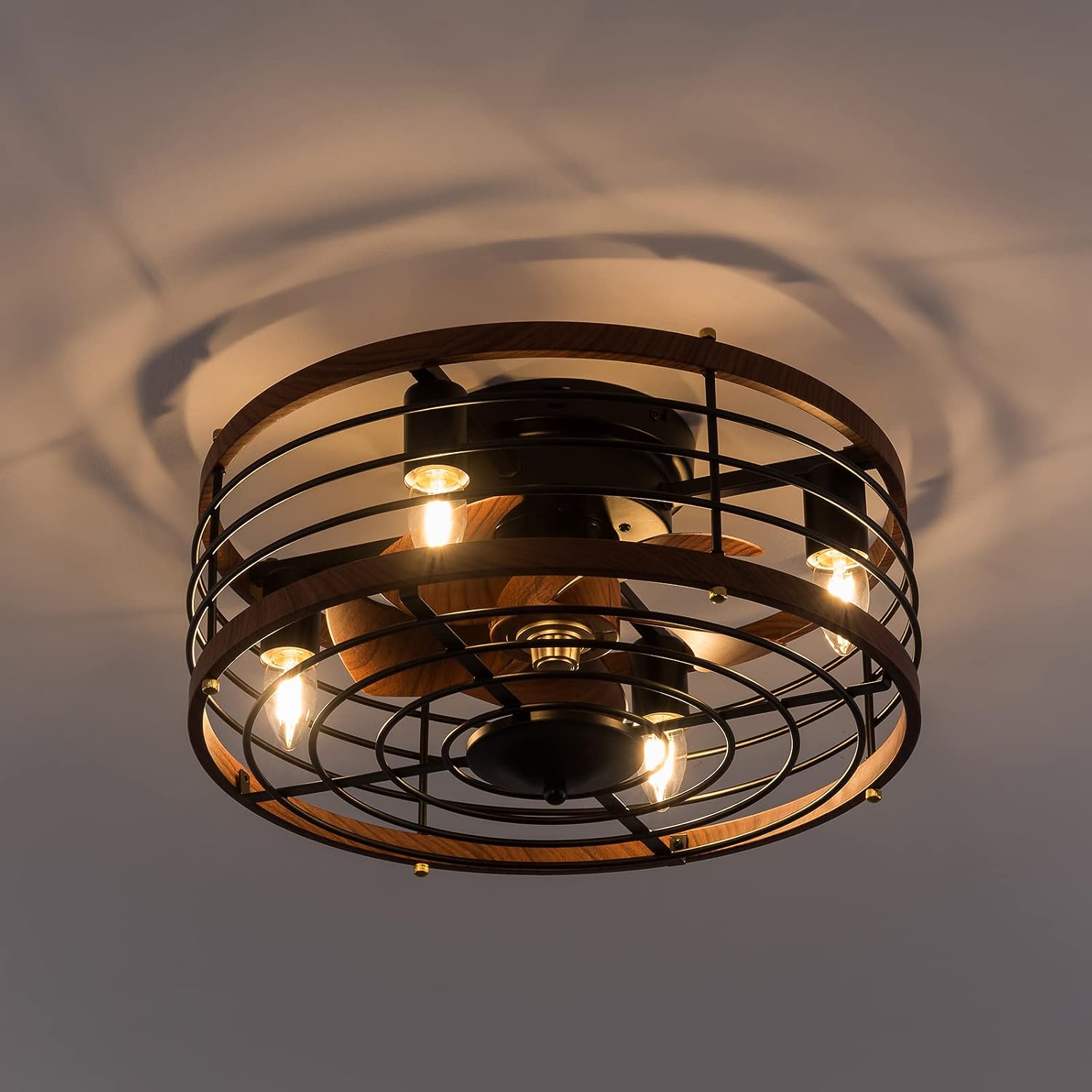 18' Caged Ceiling Fan with Light Flush Mount, Modern Farmhouse Fandelier with Timer & Control, 3-Speed, Ceiling Fan Light Fixture for Kitchen Bedroom Office Dark Brown 110V E26*4