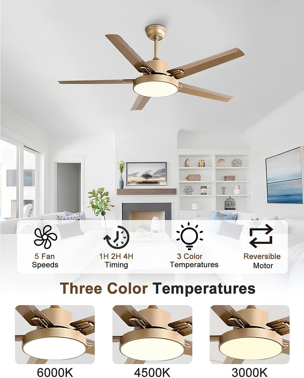 42 Inch Ceiling Fan with Light Stainless Steel Ceiling Fans with Remote Control 3 Color Dimmable 5 Speeds Reversible DC Motor Modern Ceiling Fan for Patio Living Room Bedroom Office(Gold)