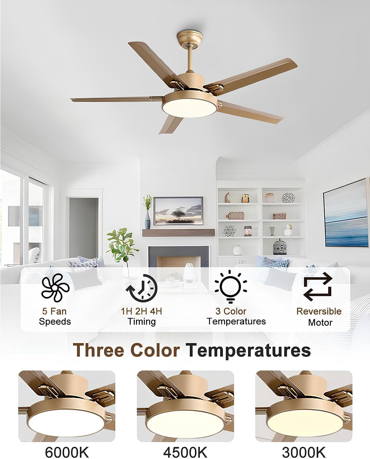 42 Inch Ceiling Fan with Light Stainless Steel Ceiling Fans with Remote Control 3 Color Dimmable 5 Speeds Reversible DC Motor Modern Ceiling Fan for Patio Living Room Bedroom Office(Gold)