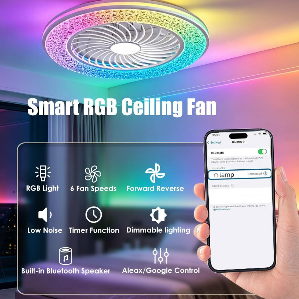 24 Inch Led Enclosed Ceiling Fans with Lights, Rgb Bladeless Modern Ceiling Fan Low Profile for Living Room (24 Inch)