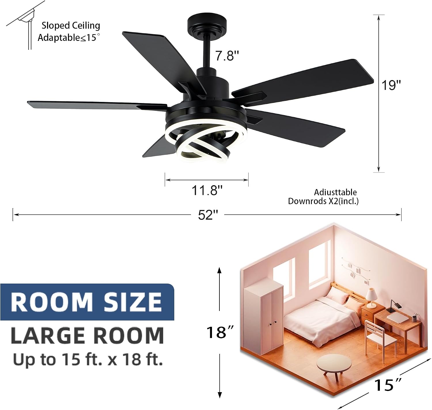 52' Farmhouse Ceiling Fans with Lights,Chandelier Fan with 6-Speed Dimmable LED and Reversible DC Motor,DIY Rings LED,Fandelier Ceiling Fan with 5 Dual Finish Blades for Living Room/Bedroom