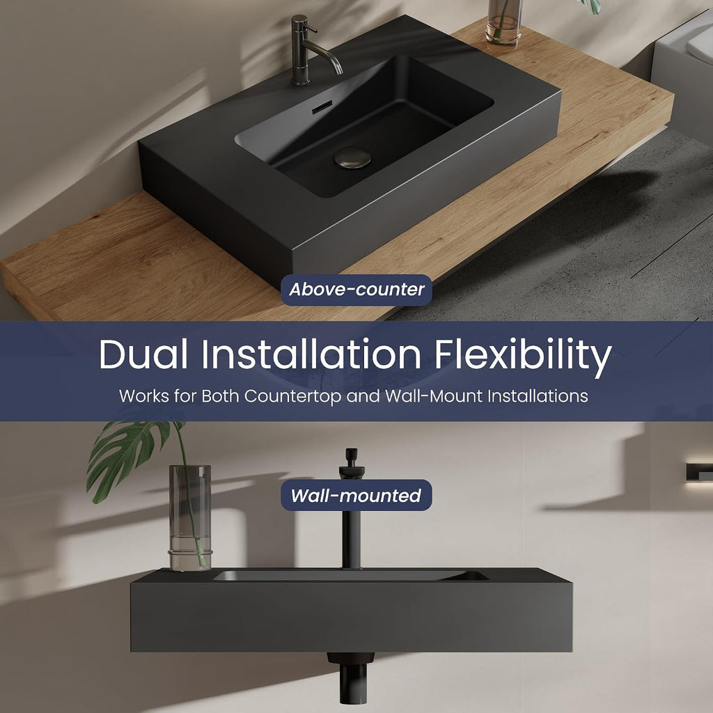 30 Inch Matte Black Vanity Sink – Solid Surface Bathroom Vanity Top with Integrated Sink, Easy-to-Clean Non-Porous Finish for Powder Room or Guest Bath