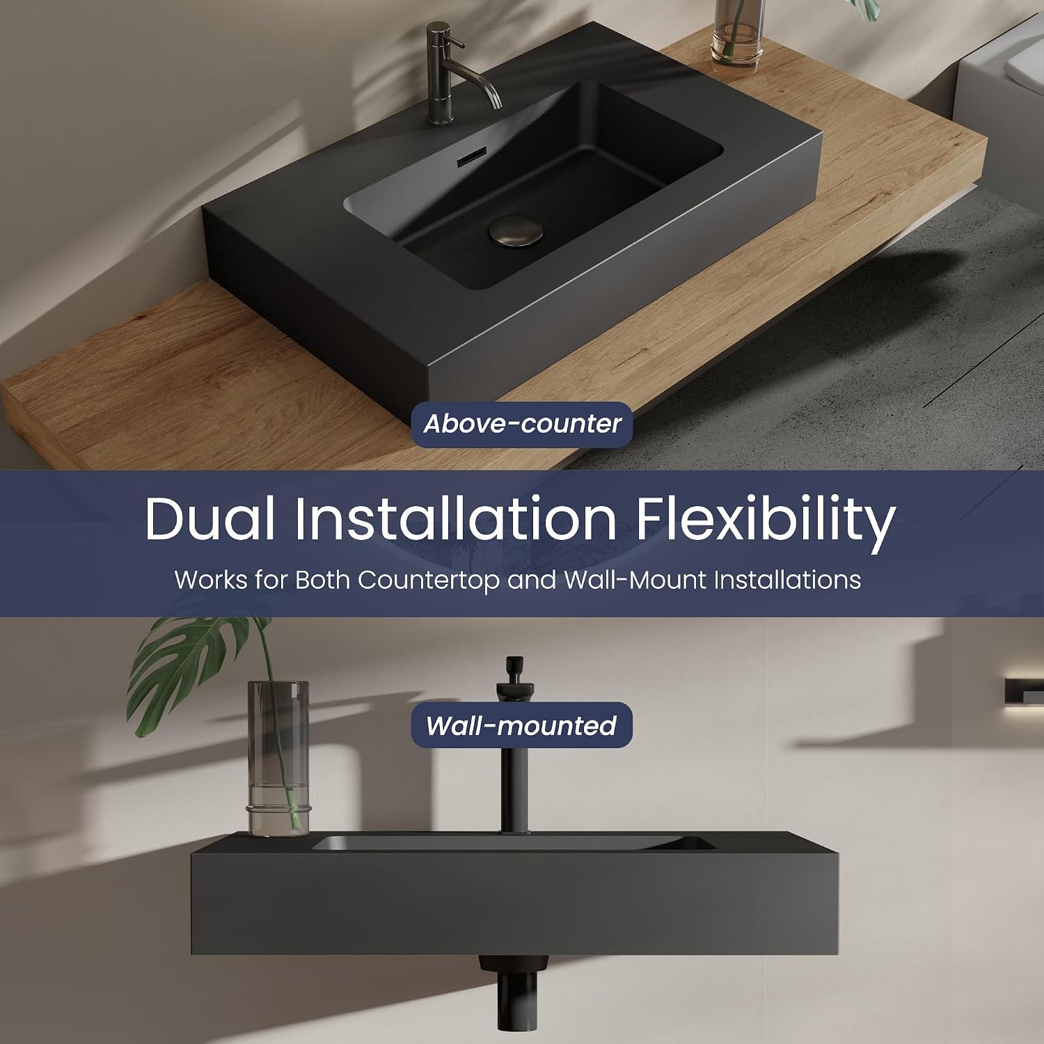 30 Inch Matte Black Vanity Sink – Solid Surface Bathroom Vanity Top with Integrated Sink, Easy-to-Clean Non-Porous Finish for Powder Room or Guest Bath
