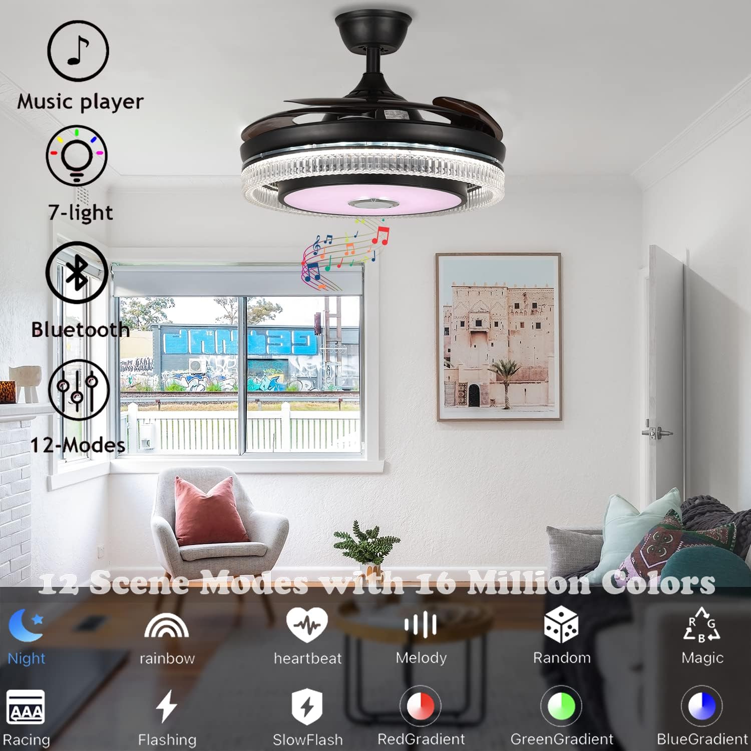Fandian 42' Smart Ceiling Fan with Lights Bluetooth Speaker Chandelier, Modern Black Fandeliers with APP RGB Dimmable Colors, Reversible 6-Speed Lighting Fixtures for Living Bedroom