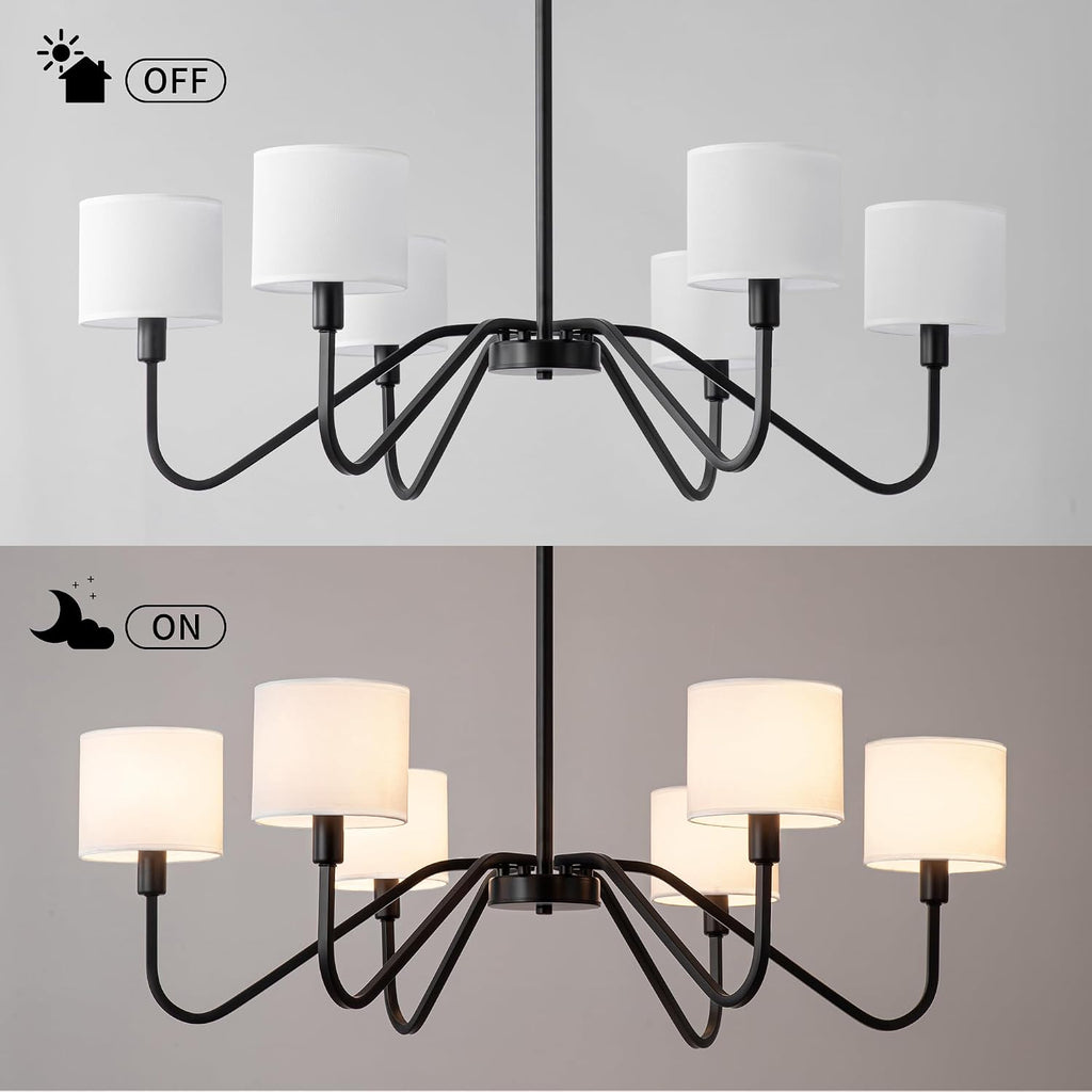 Modern Black 6-Light Chandelier, 39' Pendant Light with White Fabric Shade Adjustable Classic Chandelier Light Fixtures for Kitchen Island Dining & Living Room Entryway