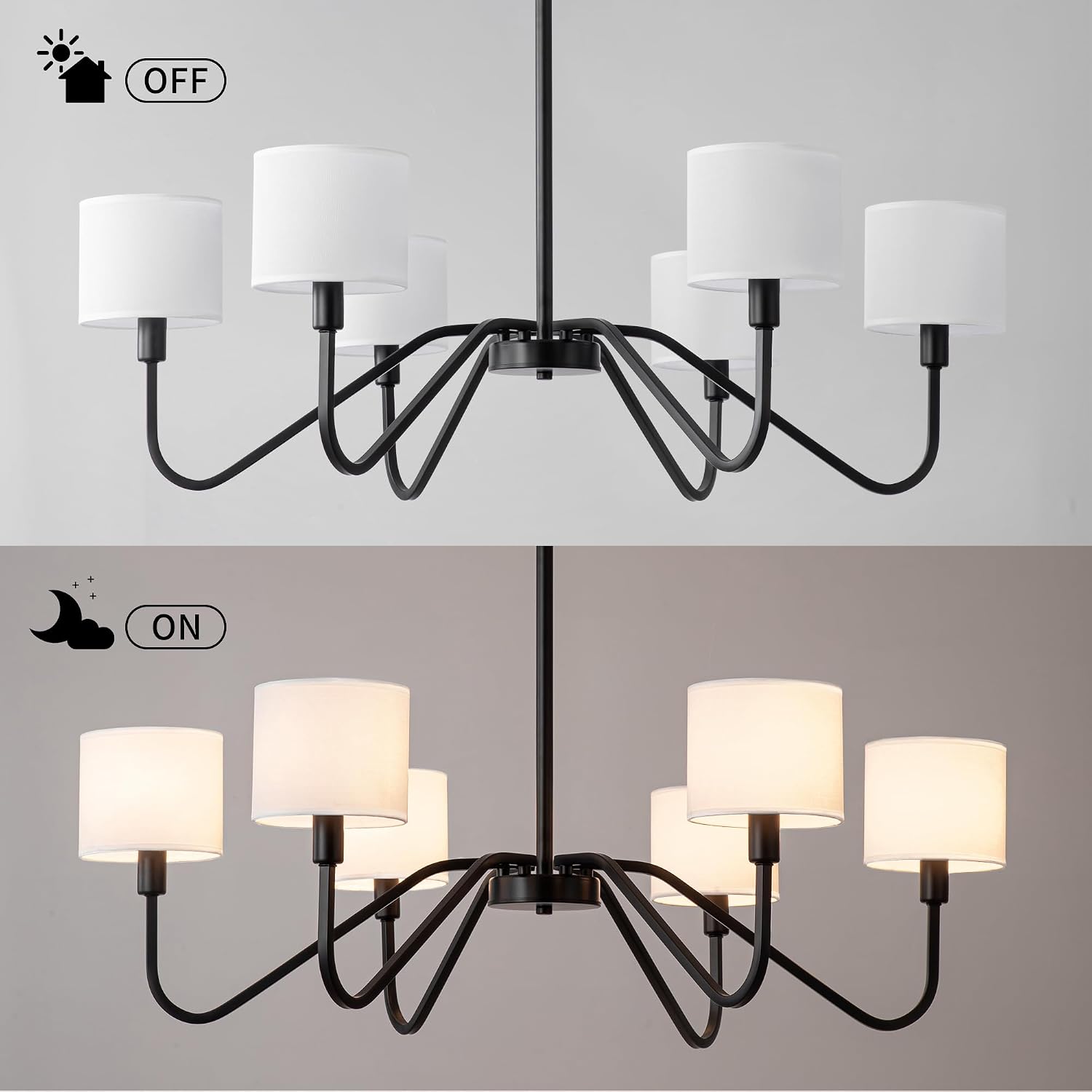 Modern Black 6-Light Chandelier, 39' Pendant Light with White Fabric Shade Adjustable Classic Chandelier Light Fixtures for Kitchen Island Dining & Living Room Entryway