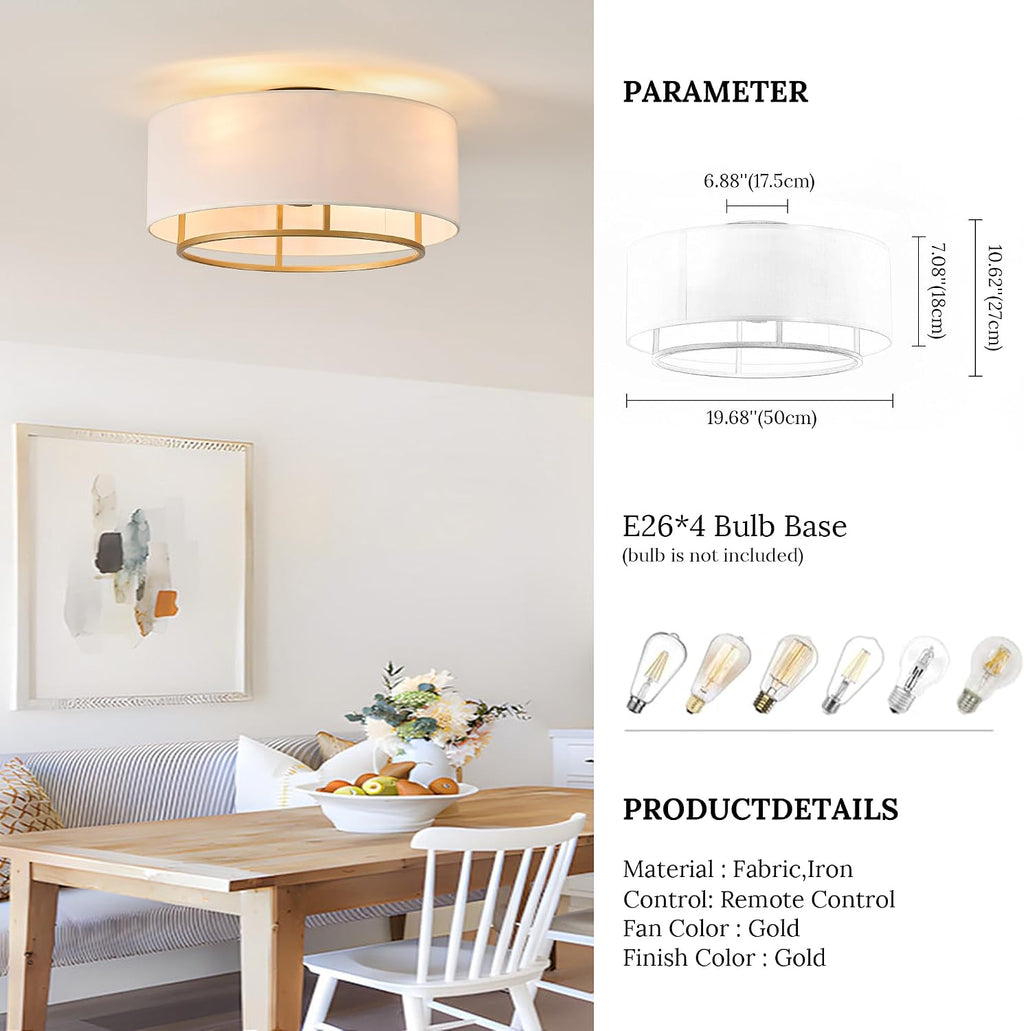 20' Golden Boho Caged Linen Low Profile Ceiling Fan with Remote, 6 Speeds