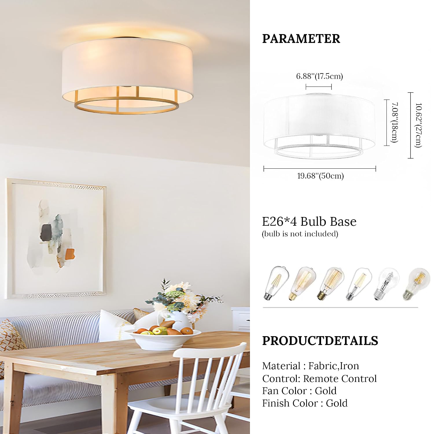 20' Golden Boho Caged Linen Low Profile Ceiling Fan with Remote, 6 Speeds