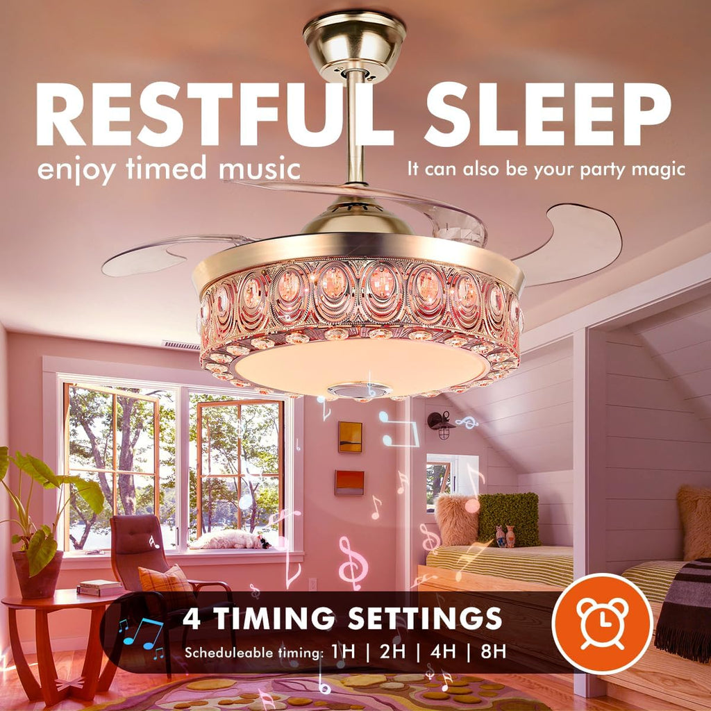 Gold Retractable Ceiling Fan with Lights and APP Remote RGB Colorful Changing Crystal Chandelier Bluetooth Ceiling Fan Music Player 3 Speeds Smart Fandelier Ceiling Fan Lighting Fixture