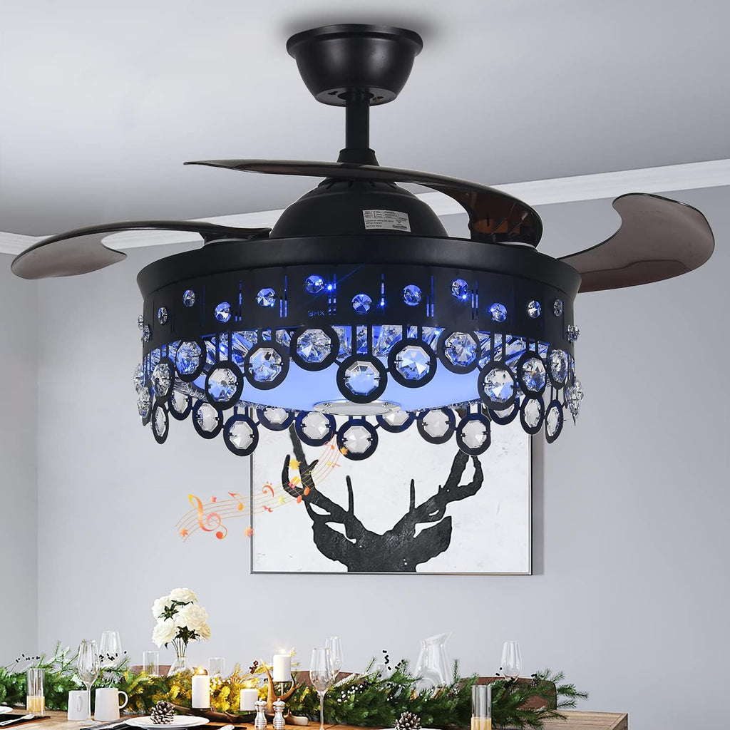 Fandian Retractable Ceiling Fan with Light, Modern 42' Bluetooth Speaker Dimmable Tunable 7 Color Lighting Black Chandelier Ceiling Fan Fandelier with Remote Control for Living Bedroom