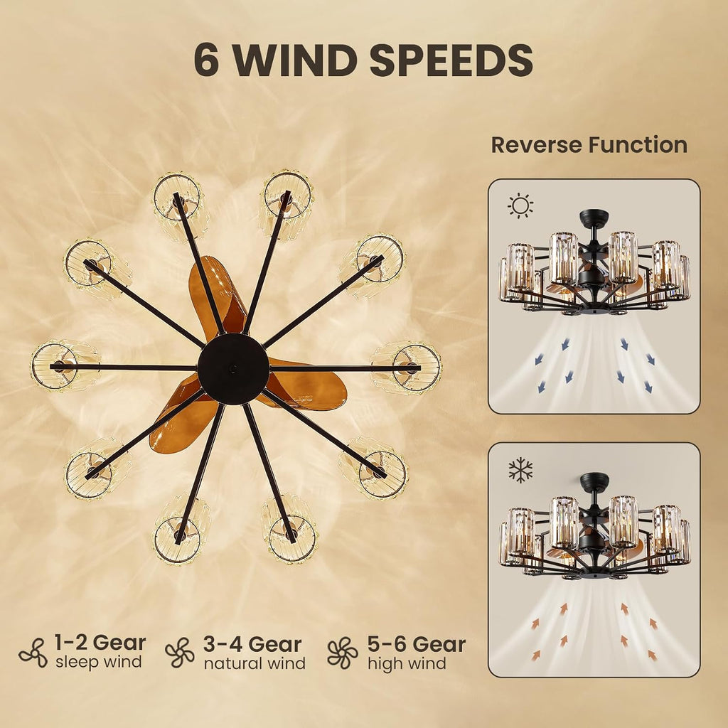 Large Crystal Caged Ceiling Fan with Light 10 Lights Vintage Black Crystal Chandelier Fan 34' Flush Mounted Ceiling Fan Light Fixture for Living Room Dining Room Hotel Foyer