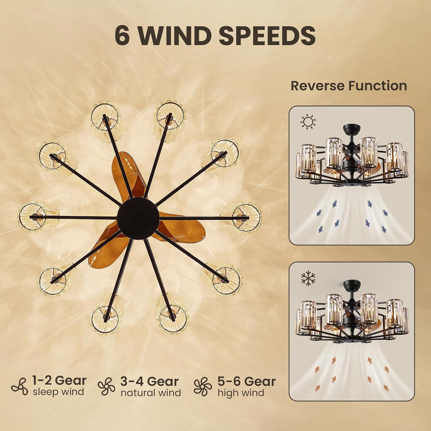 Large Crystal Caged Ceiling Fan with Light 10 Lights Vintage Black Crystal Chandelier Fan 34' Flush Mounted Ceiling Fan Light Fixture for Living Room Dining Room Hotel Foyer