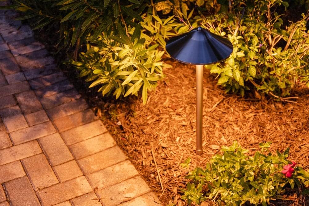 VOLT Max Spread 12V Stainless Steel Path Light (25' Tall, 9' Shade) with 3W 2700K Warm White G4 LED Bulb for Low Voltage Landscape Lighting on Outdoor Pathway, Walkway, Garden, Driveway or Patio