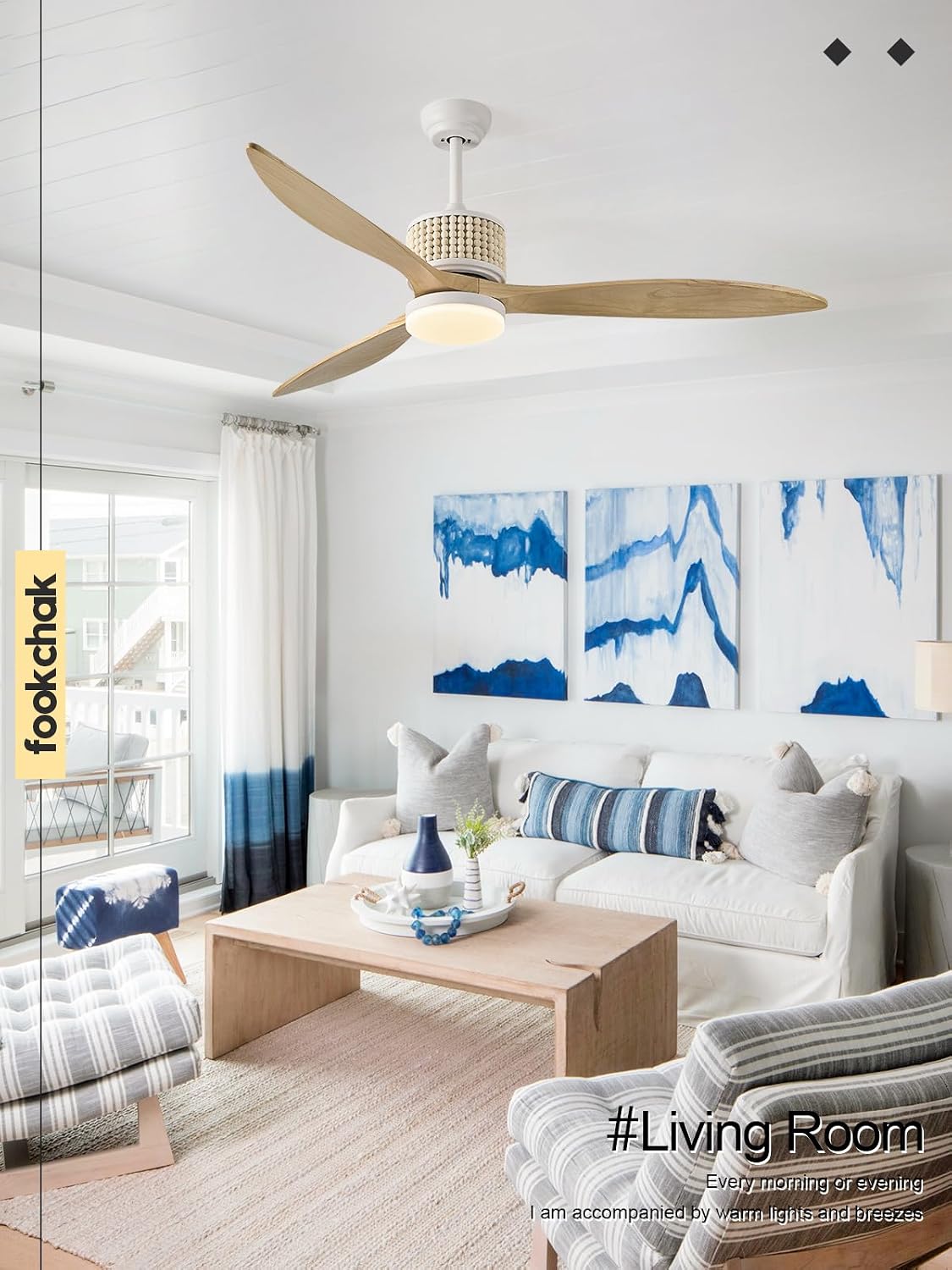 60in Boho White Ceiling Fan Lights with Remote Control 3 Blade Wood Bead Ceiling Fans with Light Coastal Natural Wood Ceiling Fan Outdoor Bohemian Fan Light for Patio Living Room Kitchen