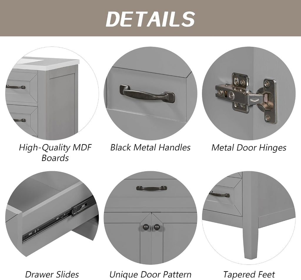 36' Bathroom Vanities Cabinet with Ceramic Sink Top, Two Doors and Three Drawers, Soft-Closing Door, Solid Wood Legs, Gray