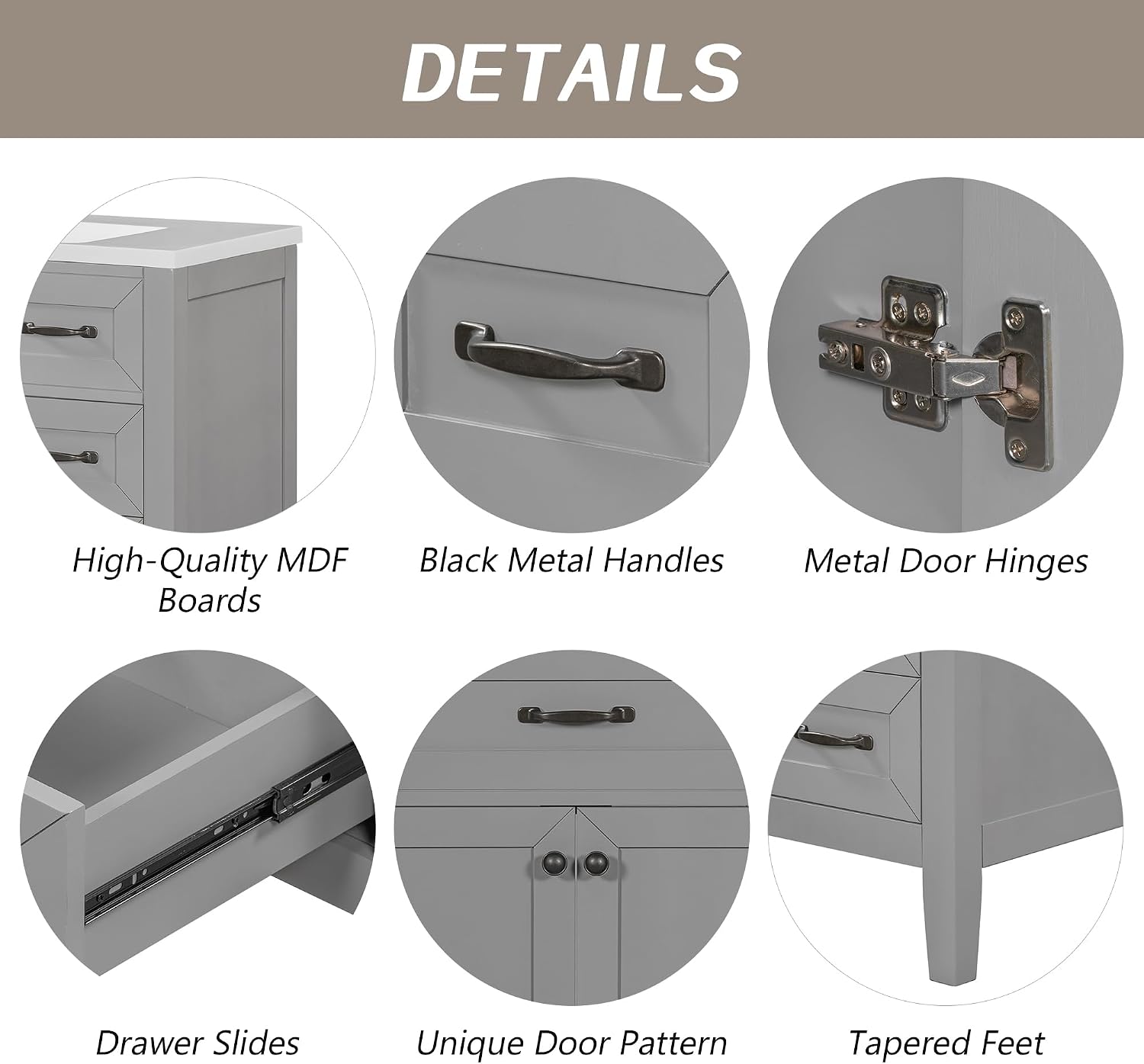 36' Bathroom Vanities Cabinet with Ceramic Sink Top, Two Doors and Three Drawers, Soft-Closing Door, Solid Wood Legs, Gray