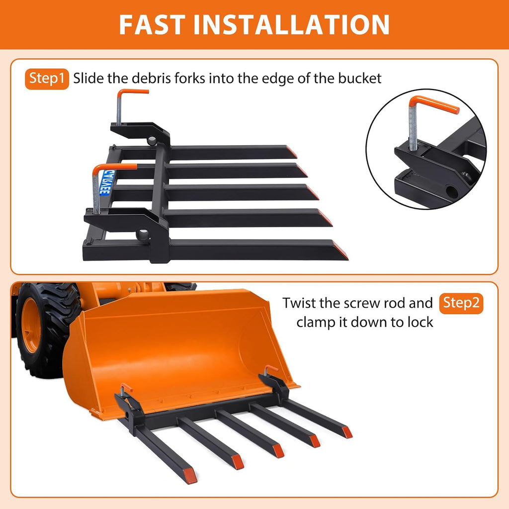Clamp on Debris Forks to 48' Bucket, Heavy Duty 5 Fork Tines Clamp-on Pallet Attachments with 2500 LBS Capacity Fit for Tractor Bucket, Skid Steer Loader