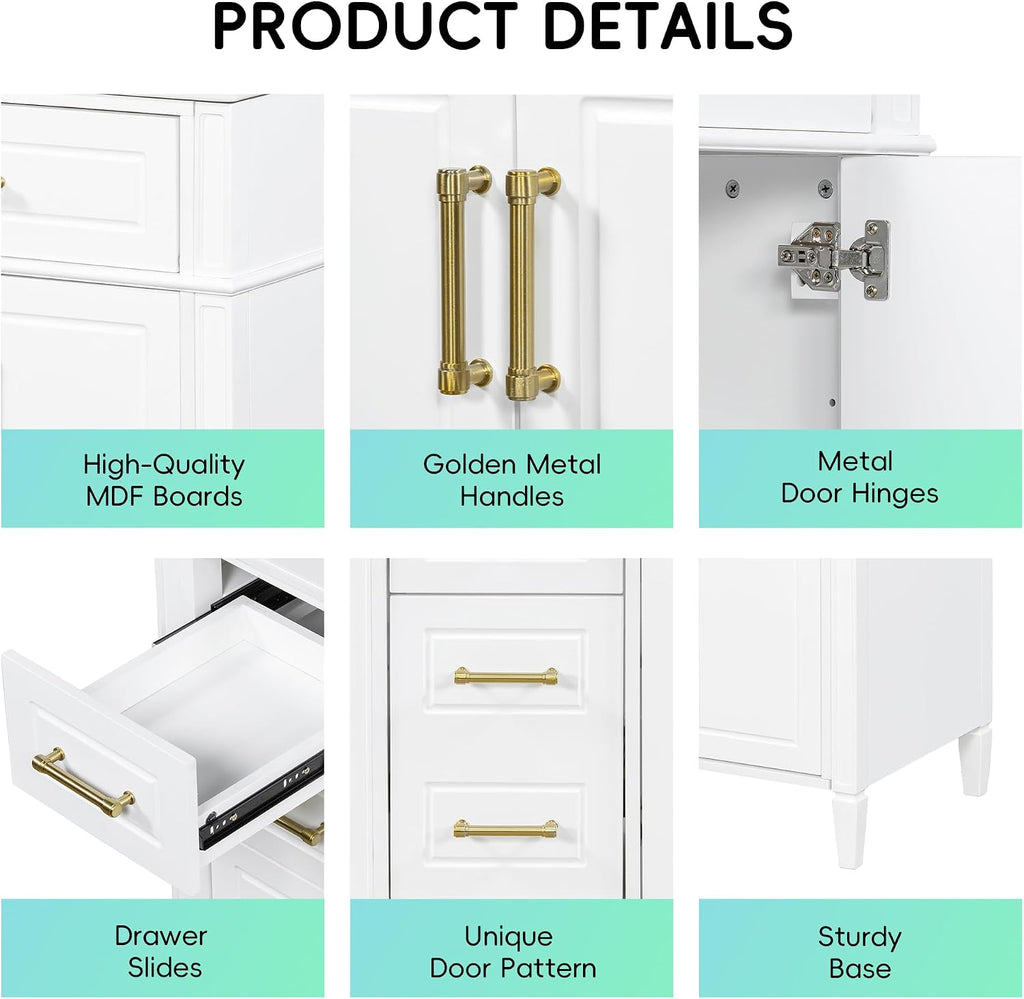 36' Bathroom Vanity with Ceramic Sink Top, One Tip-Out Drawer and Three Side Drawers, Soft-Closing Doors, Adjustable Shelf, Solid Wood Frame, White