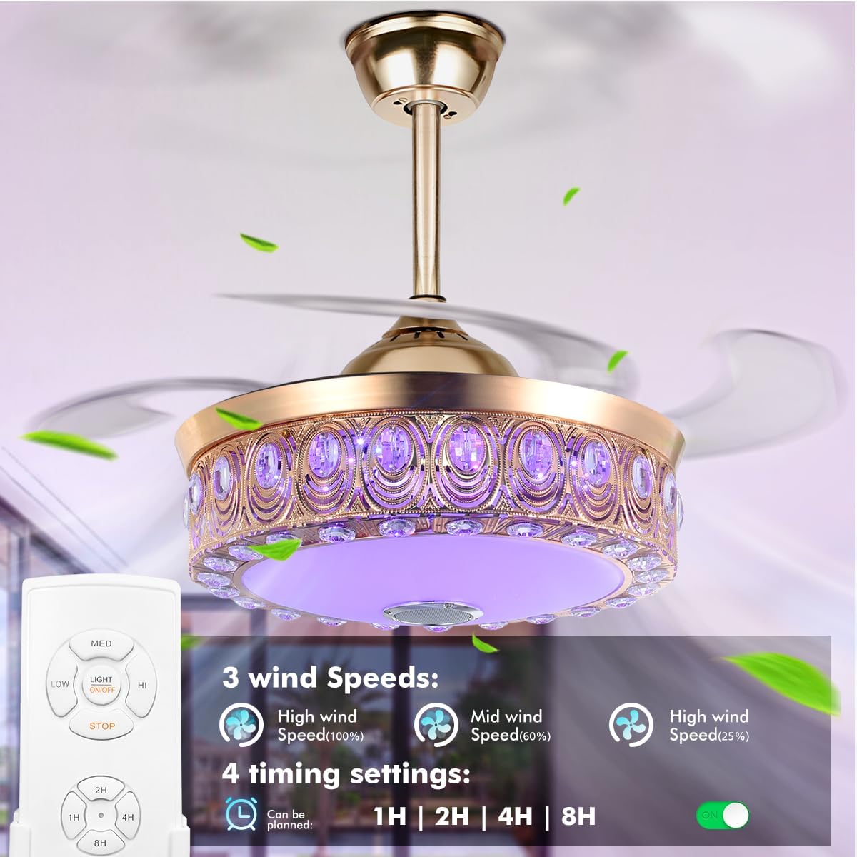 Gold Retractable Ceiling Fan with Lights and APP Remote RGB Colorful Changing Crystal Chandelier Bluetooth Ceiling Fan Music Player 3 Speeds Smart Fandelier Ceiling Fan Lighting Fixture