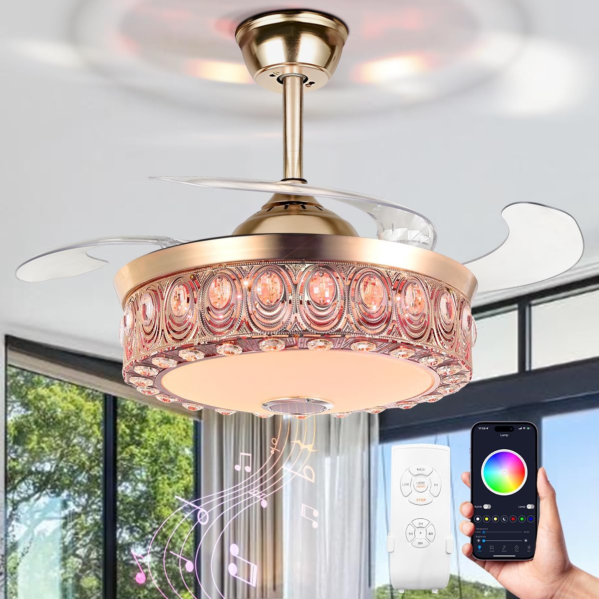 A Million Modern Fandelier Ceiling Fan with Light and Remote, 42'Gold Retractable Chandelier Ceiling Fans with Bluetooth Speaker 3 Speeds RGB LED Light Crystal Fandeliers for Dining Room Bedroom