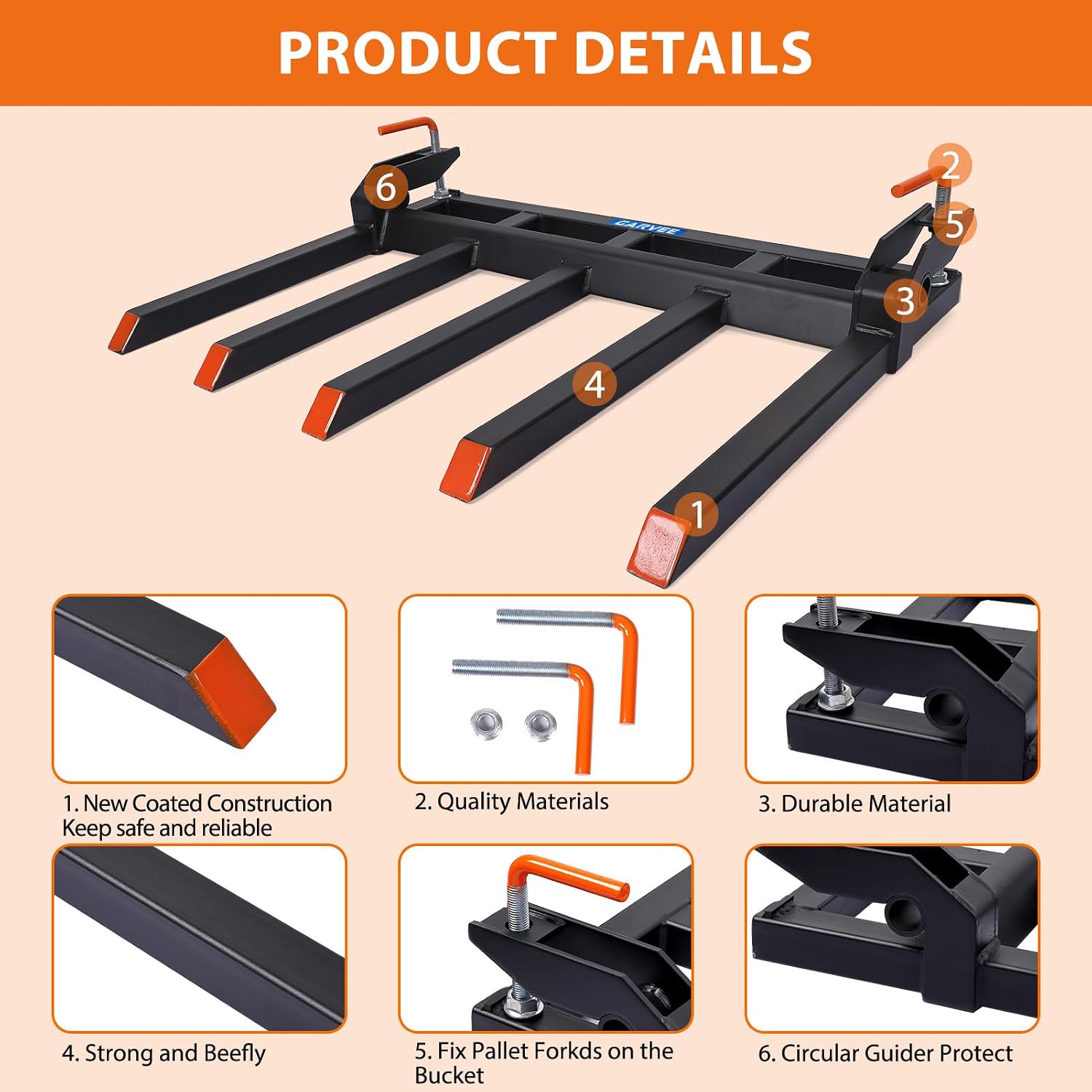Clamp on Debris Forks to 48' Bucket, Heavy Duty 5 Fork Tines Clamp-on Pallet Attachments with 2500 LBS Capacity Fit for Tractor Bucket, Skid Steer Loader