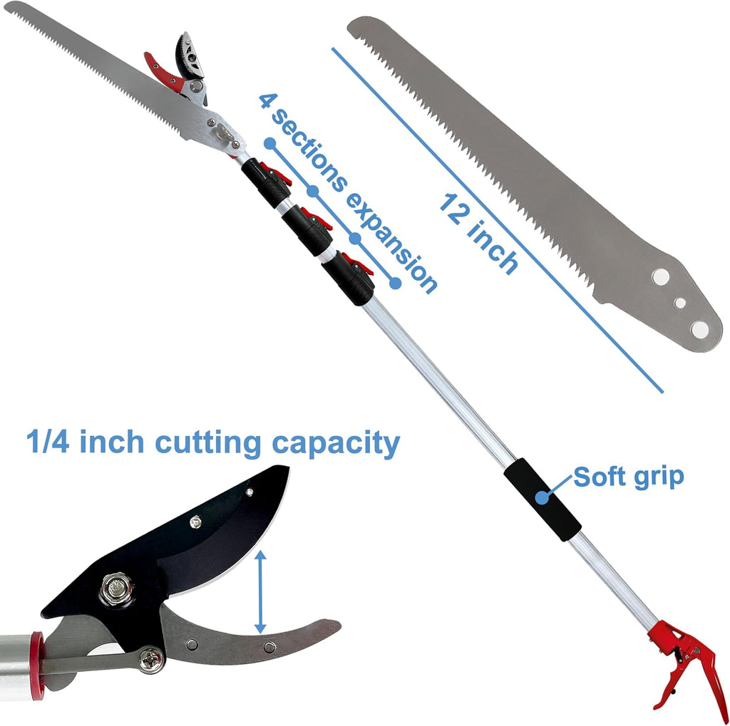 Extendable Tree Pruner & Trimmer 4 Section Telescoping Pole | 4.5-11.5 FT, Cut and Hold Clippers, Branch Cutter, Pole Saw, Lopper & Fruit Picker Tool, Long Handle Pruning Shears