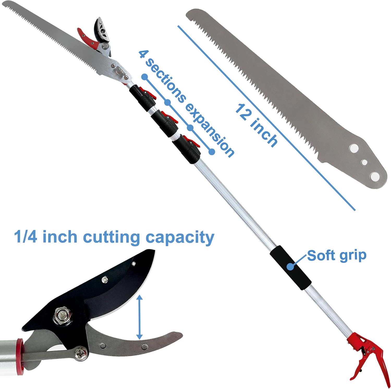 Extendable Tree Pruner & Trimmer 4 Section Telescoping Pole | 4.5-11.5 FT, Cut and Hold Clippers, Branch Cutter, Pole Saw, Lopper & Fruit Picker Tool, Long Handle Pruning Shears
