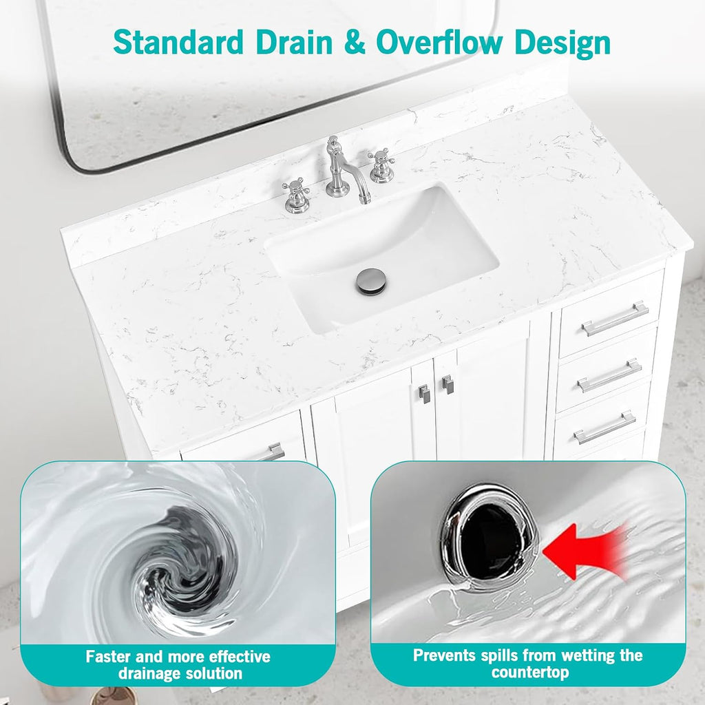 42'x22' Engineered Stone Bathroom Vanity Top with Rectangular Undermount Ceramic Middle Sink, 8 Inch Faucet Hole Spread with Backsplash Bathroom Vanity Sink Top (Cabinet Not Included)
