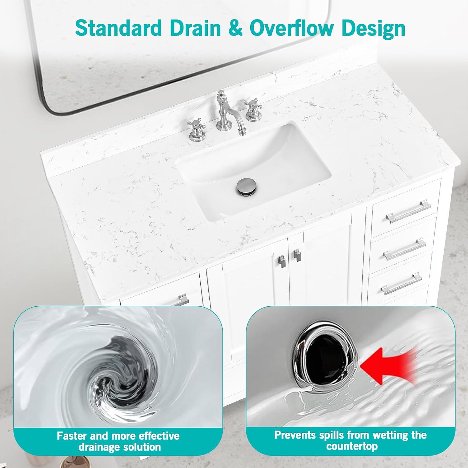 42'x22' Engineered Stone Bathroom Vanity Top with Rectangular Undermount Ceramic Middle Sink, 8 Inch Faucet Hole Spread with Backsplash Bathroom Vanity Sink Top (Cabinet Not Included)