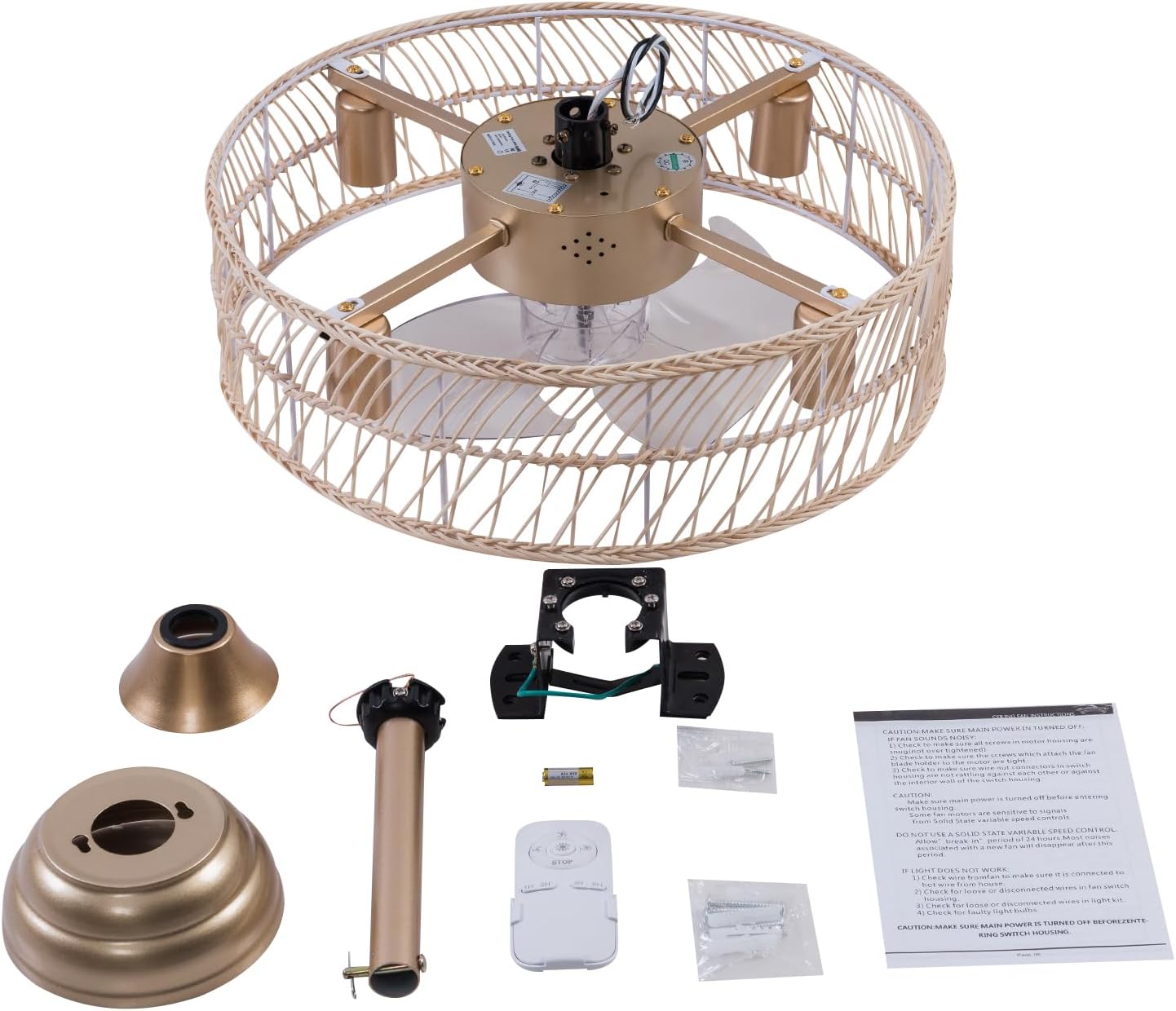 LOYALHEARTDY Bamboo Fandelier 18in 6-Speed Reversible Caged Ceiling Fan With Lights Remote Control, Bohemian Farmhouse Rattan Light Downrod Mount, 18.89in