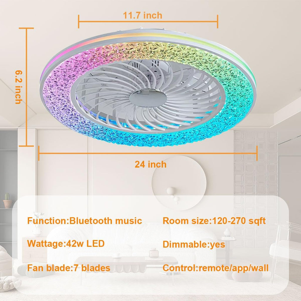 24 Inch Led Enclosed Ceiling Fans with Lights, Rgb Bladeless Modern Ceiling Fan Low Profile for Living Room (24 Inch)