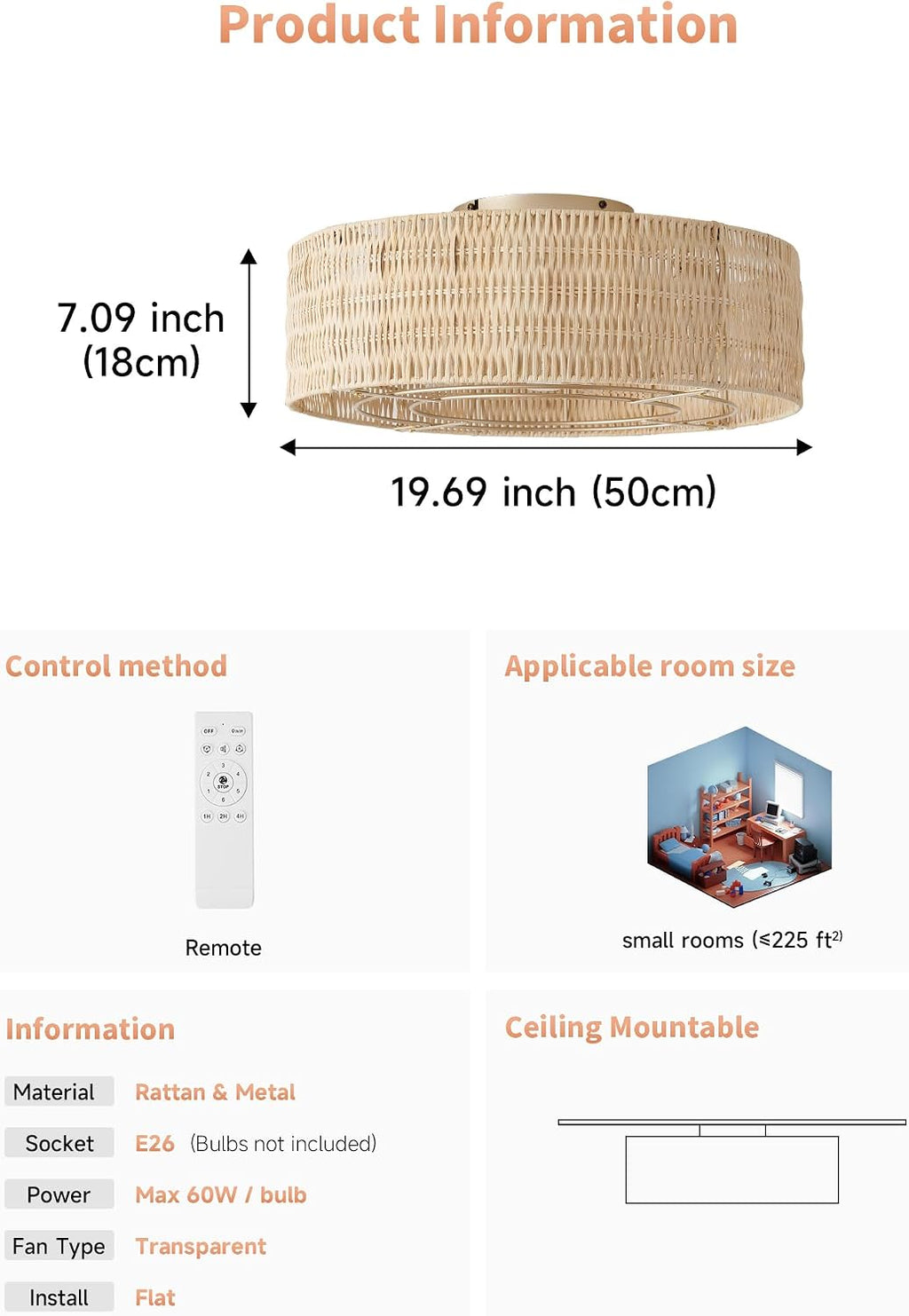Caged Ceiling Fans with Lights Flush Mount, 20' Rattan Boho Ceiling Fan with Light Remote Control, Enclosed with 6 Speeds for Bedroom, Nursery, Living Room (Beige)