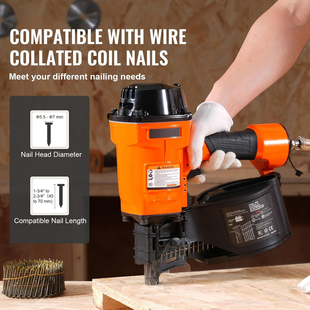 Happybuy Coil Siding Nailer MCN70, 1-3/4' to 2-3/4' 15 Degree Pneumatic Siding Nail Gun, 70-120PSI Air Coil Nailer for Pallet, Crating, Framing, Siding and Fencing