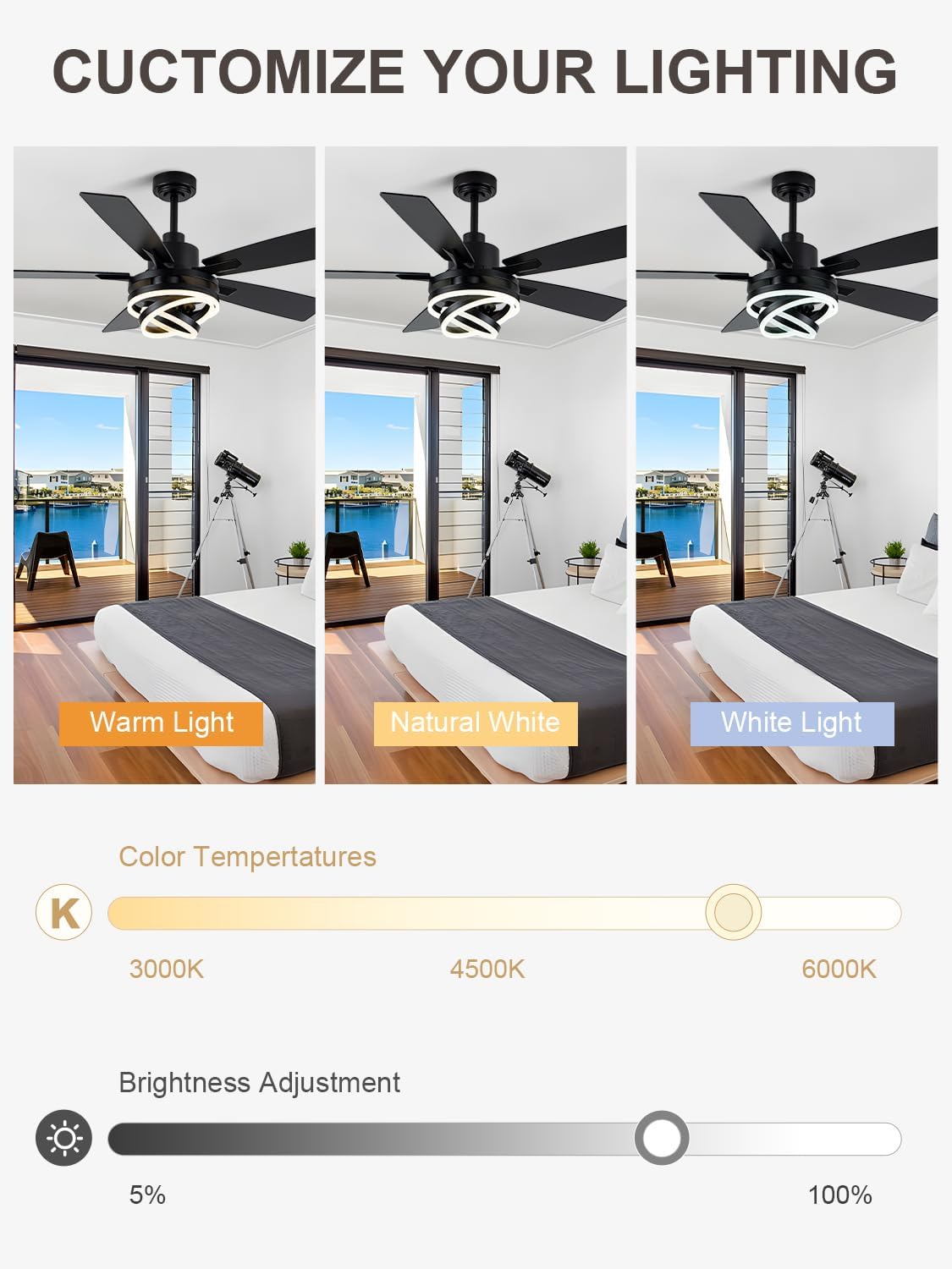 Bella Depot 52 Inch Ceiling Fans with Lights and Remote, Modern Black Chandelier Ceiling Fans DC Motor Reversible Fandelier Ceiling Fan Light for Farmhouse Indoor/Outdoor Bedroom, Living Room (Black)