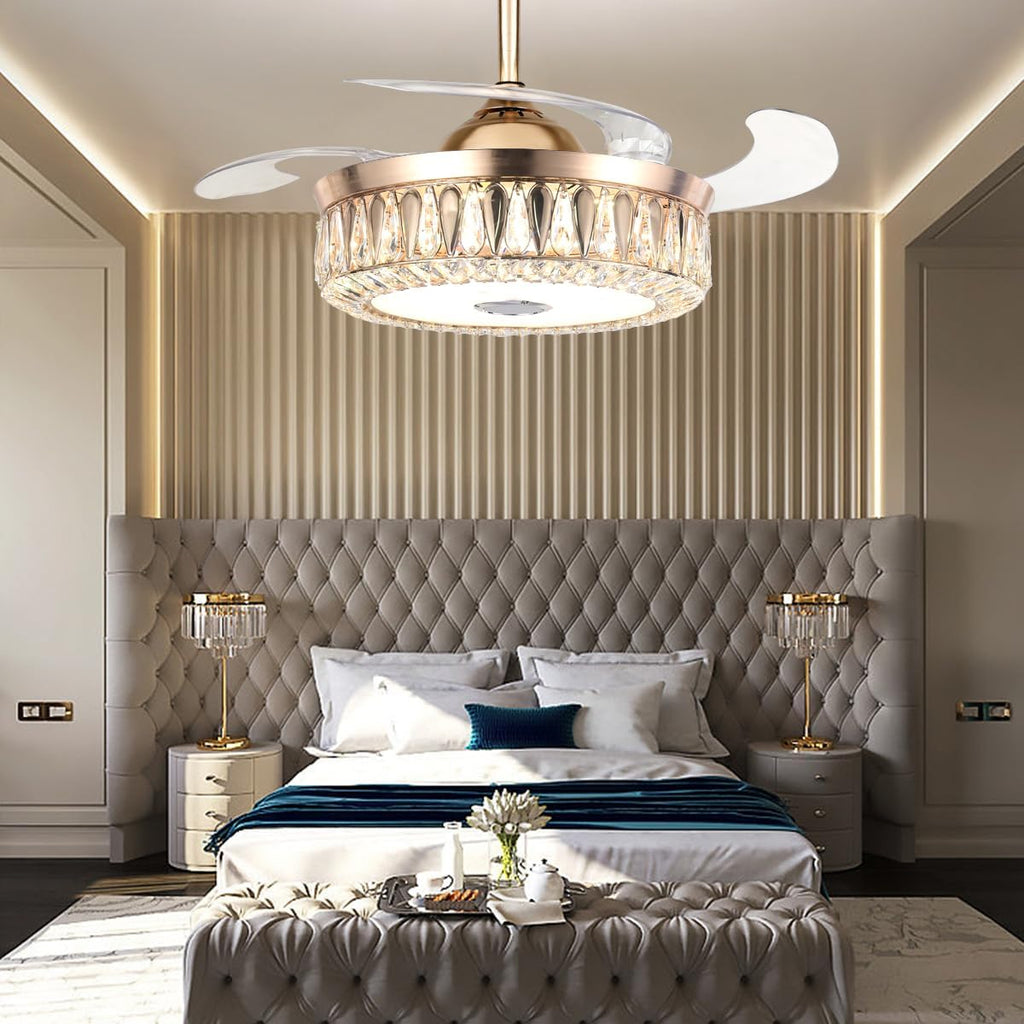 42' Bluetooth Chandelier Ceiling Fans with Lights Modern Retractable Fandelier Ceiling Fan and Remote 7 Color Change Smart Invisible Fan Light with Music Player for Bedrooms Living Room, Gold