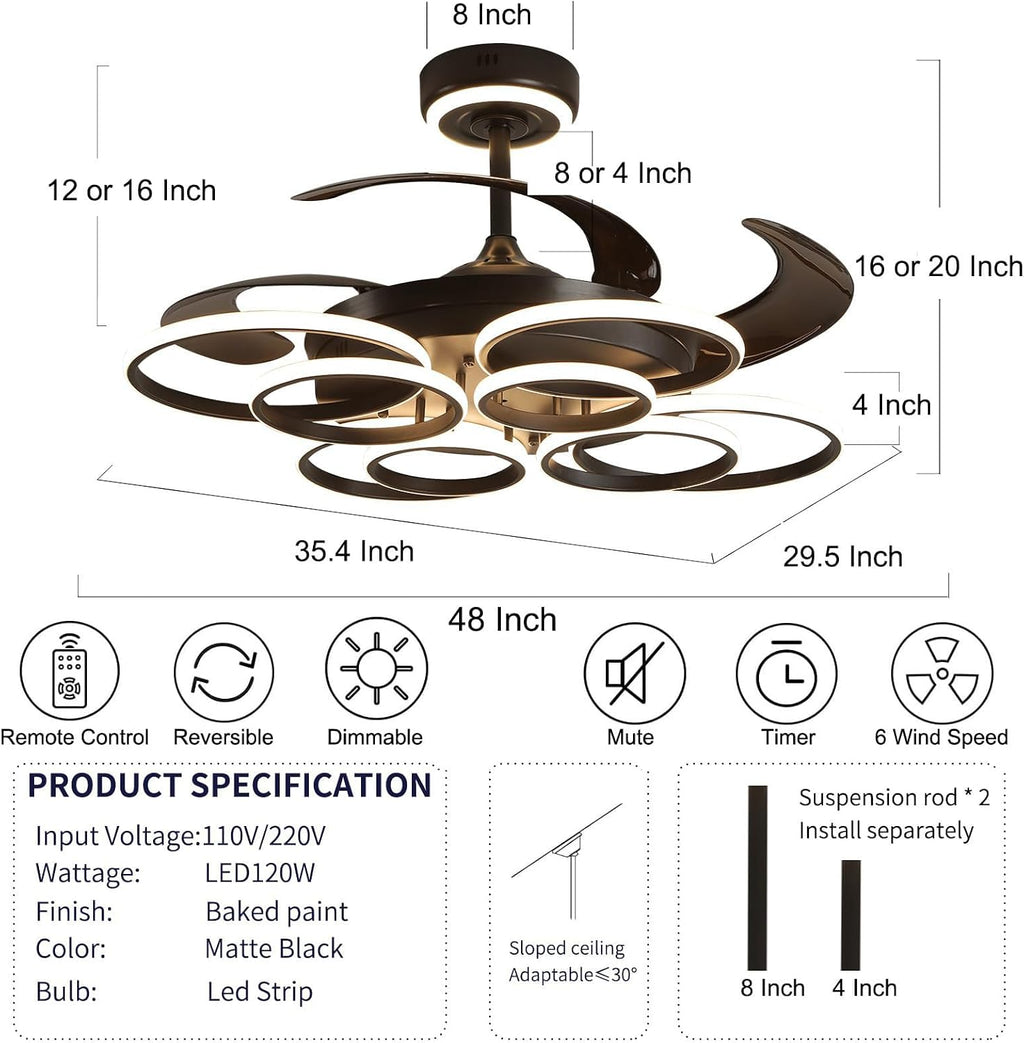 48' Retractable Ceiling Fan with Lights Modern Fandelier Fan Light with Remote Bladeless Fan Ceiling Light for Bedroom Living Room 6 Speed Black (Black RFL25009)