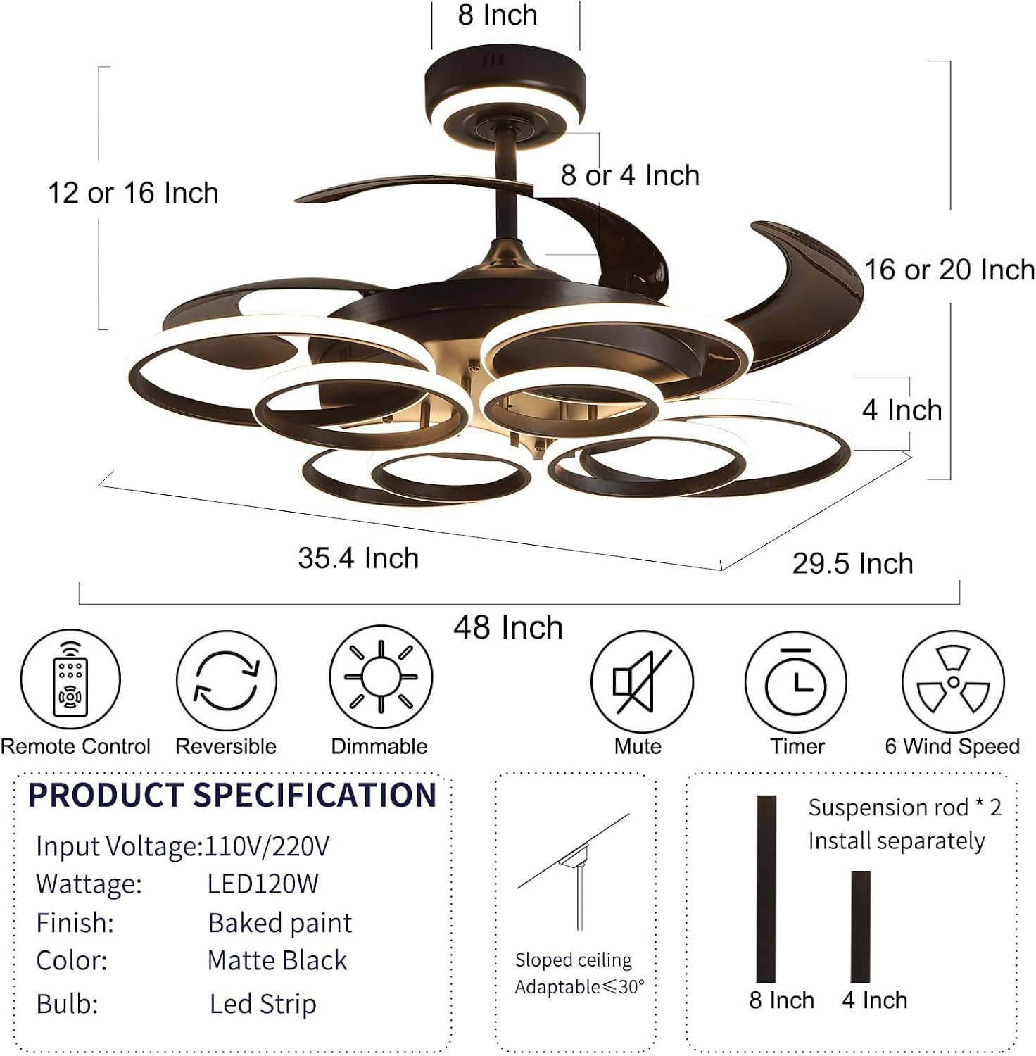 48' Retractable Ceiling Fan with Lights Modern Fandelier Fan Light with Remote Bladeless Fan Ceiling Light for Bedroom Living Room 6 Speed Black (Black RFL25009)