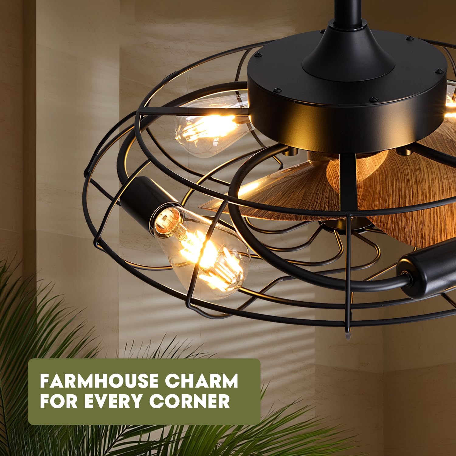 Caged Ceiling Fans with Lights, 20'' Black Farmhouse Ceiling Fan with Remote, 6-Speed Quiet Reversible Motor, Rustic Vintage Fandelier for Kitchen, Bedroom, Living Room, E26 Base