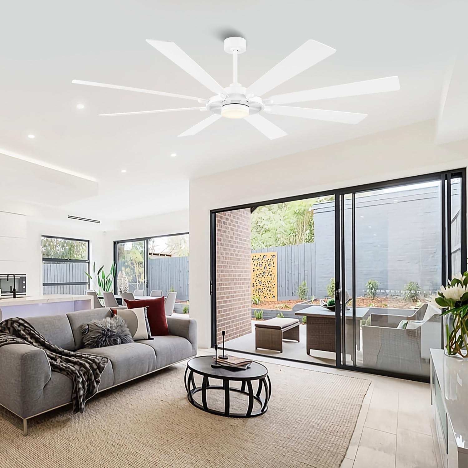 ELEHINSER 80 Inch Ceiling Fan with Lights and 3 Downrods, 8 Plywood Blades, 6-Speed Noiseless Reversible DC Motor, 3CCT, Windmill Ceiling fan for Kitchen Bedroom Living Room, Gloss White