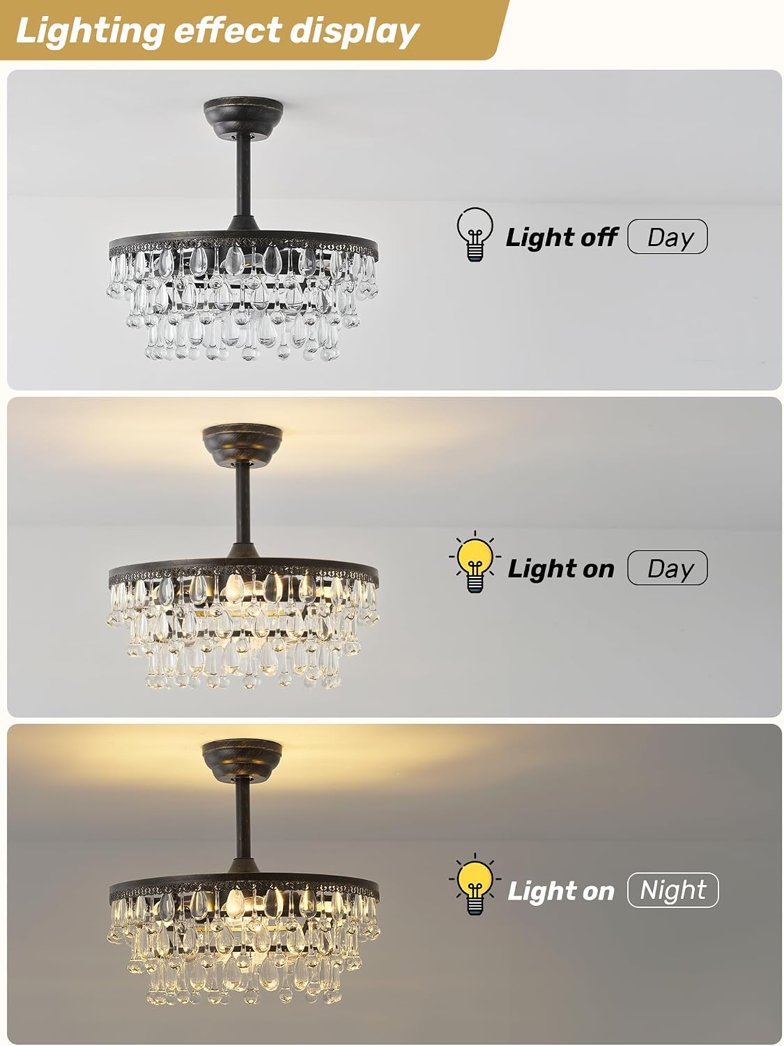 Crystal Fandelier Ceiling Fan with Light, 20' Black Crystal Chandelier Ceiling Fans with Lights and Remote with 6 Speeds for Bedroom, Living Room, Nursery